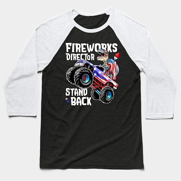 4th of July Fireworks Director T Rex Monster Truck Kids Boys Baseball T-Shirt by reginaturner